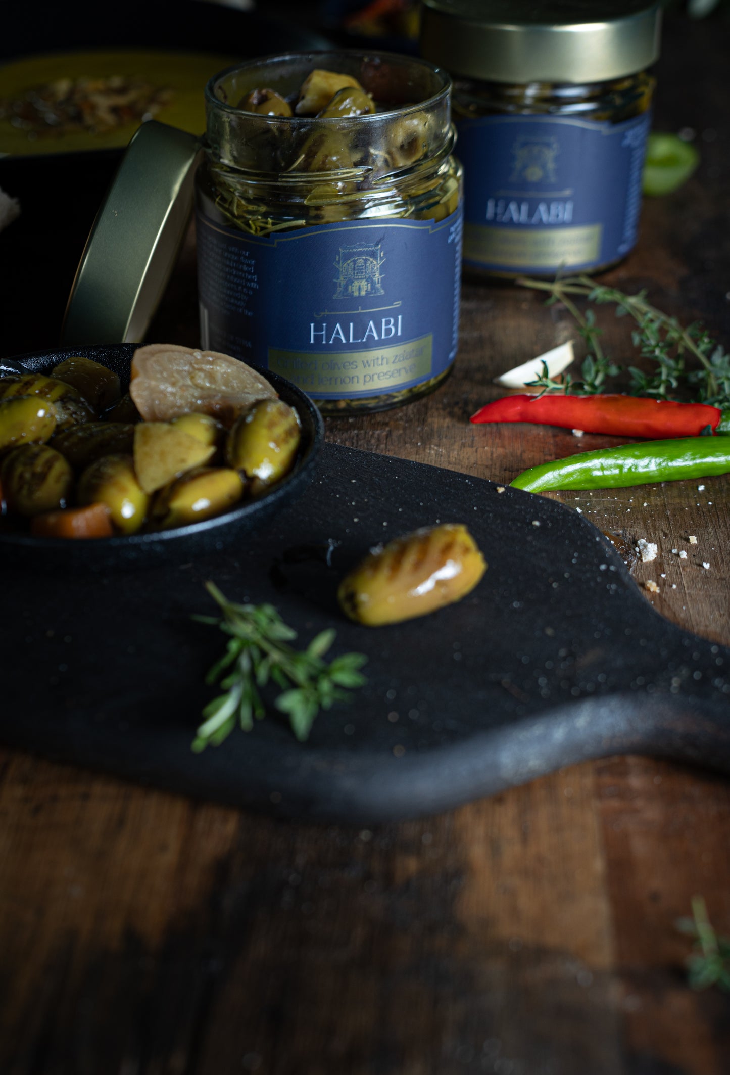 Grilled Olives with Za'atar and Lemon Preserve